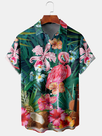 Men's Flamingo Print Casual Breathable Hawaiian Short Sleeve Shirt