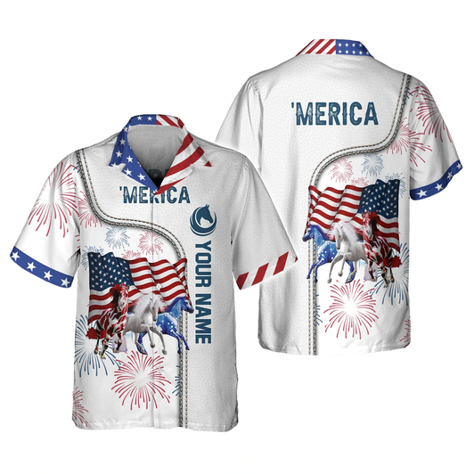 Custom American Horse 4th of july shirt, Personalized Name 3D Hawaiian Shirt