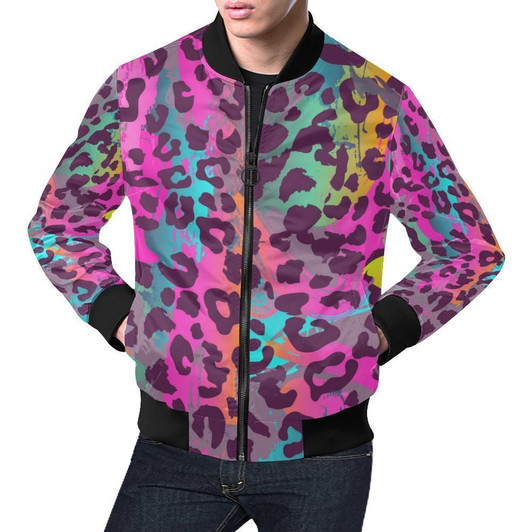 FUNSTUFFPRINTINT Rainbow Cheetah Leopard Pattern Print Mens 3D Bomber Jacket