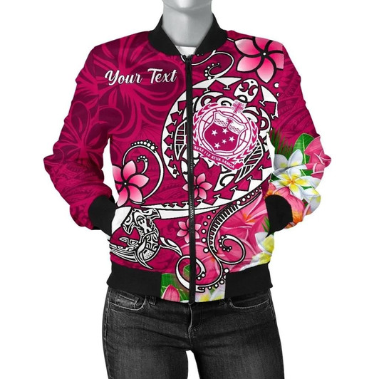 FUNSTUFFPRINTINT  Samoa Custom Personalised Women’s Bomber Jacket – Turtle Plumeria (Pink) – BN18 3D Bomber Jacket