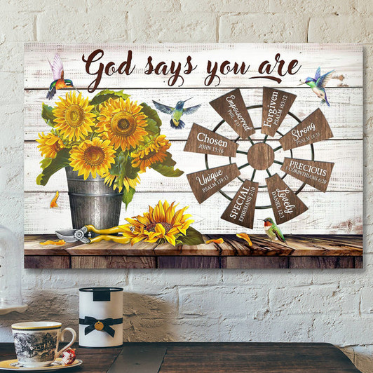 Sunflower And Windmill - God Says You Are - Bible Verse Canvas - Scripture Canvas Wall Art
