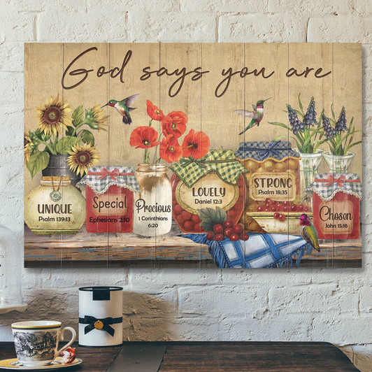 Hummingbird And Beautiful Jars - God Says You Are Canvas Wall Art - Bible Verse Canvas - Scripture Canvas Wall Art