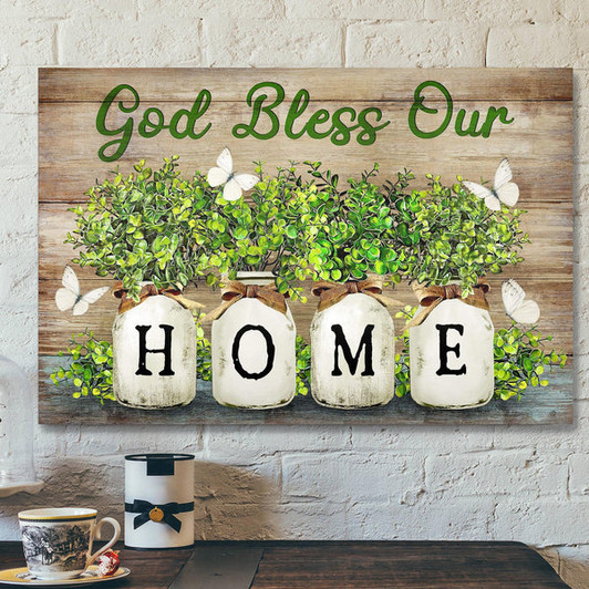 White Butterfly - God Bless Our Home Canvas Wall Art - Bible Verse Canvas