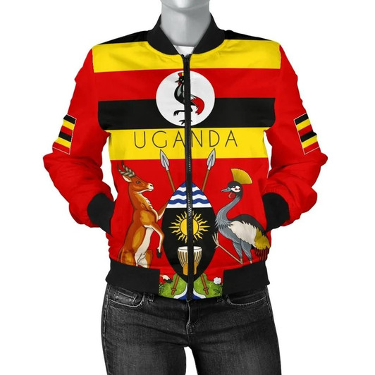 FUNSTUFFPRINTINT Uganda Pride Women’s Bomber Jacket – Uganda Flag with Grey Crowned Crane – BN21 3D Bomber Jacket