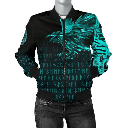 FUNSTUFFPRINTINT Women’s Bomber Jacket – The Raven Of Odin Rune Cyan A27 3D Bomber Jacket