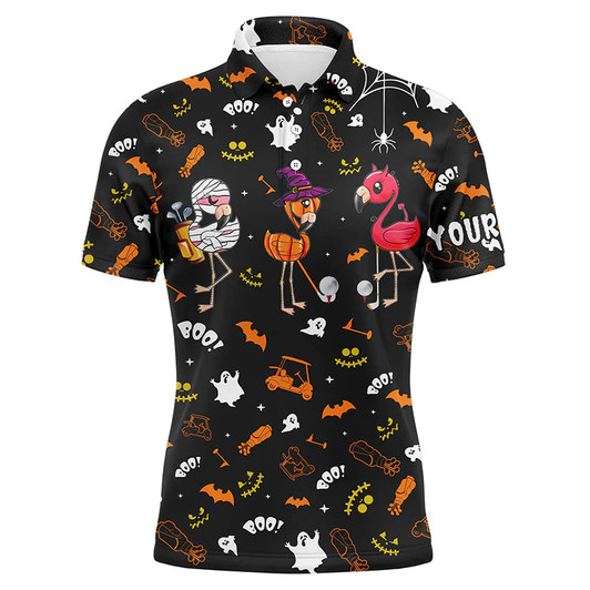 Custom Golf Men Polo Shirts, Custom Name Orange Black Halloween Background Flamingo Apparel - Personalized Gift For Men, Husband, Boyfriend, Golf Lovers