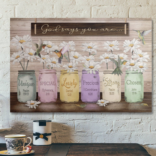 Bible Verse Wall Art Canvas - Daisy Jar Vase - God Says You Are Canvas