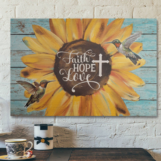 Bible Verse Wall Art Canvas - Green Hummingbird And Sunflower - Faith Love Hope Canvas