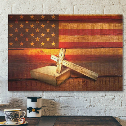 God Canvas Prints - Jesus Canvas Art - American Flag With Cross Holy Bible Canvas Print - Christian Wall Art
