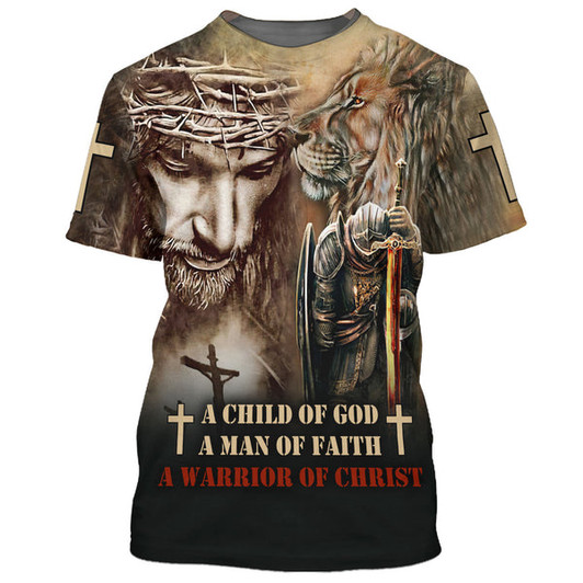 FUNSTUFFPRINT A Child Of God A Man Of Faith A Warrior Of Christ 3D All Over Printed Shirt for Men and Women 3D T-shirt