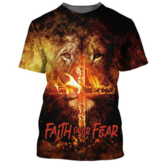 FUNSTUFFPRINT Faith Over Fear Shirts - Lion Burning Fire Cross 3D All Over Printed Shirt for Men and Women 3D T-shirt