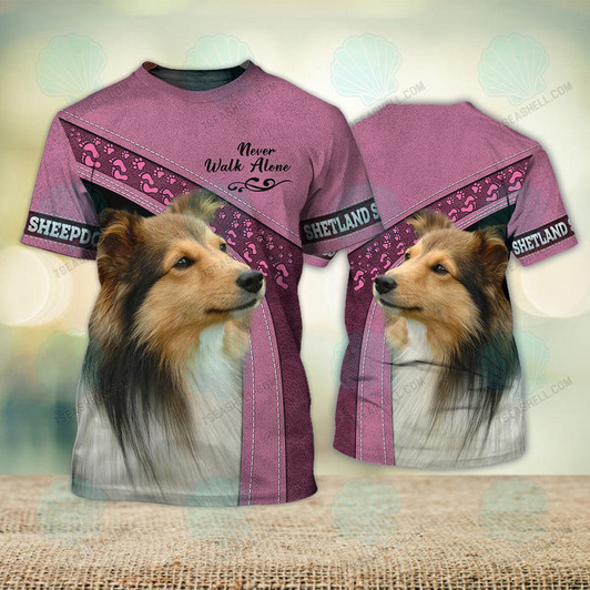 FUNSTUFFPRINT Shetland Sheepdogs Love Pink Never Walk Alone 3D Full Print Christmas Shirts 3D T-shirt