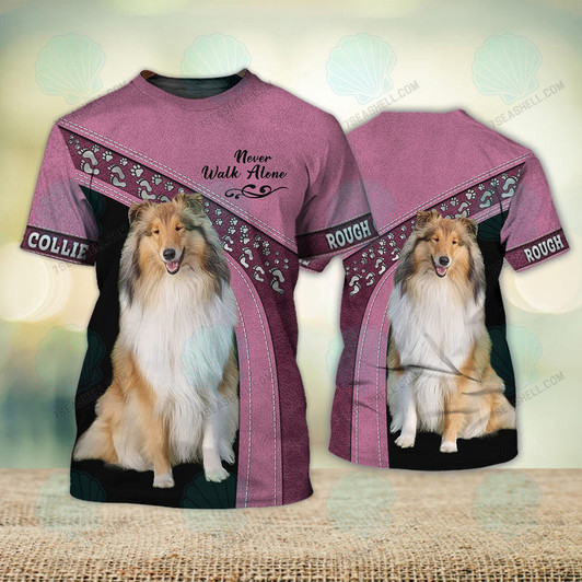 FUNSTUFFPRINT Rough Collie Love Never Walk Alone 3D Full Print Shirts, Christmas Dog Memorial Gifts for loss of Dog 3D T-shirt