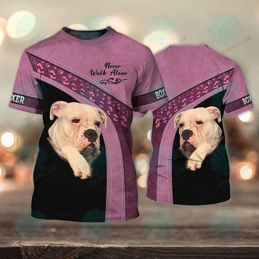 FUNSTUFFPRINT Boxer Love Pink Never Walk Alone 3D Full Print Shirts, Christmas Dog Memorial Gifts for loss of Dog 3D T-shirt