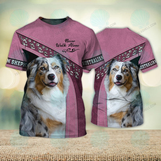 FUNSTUFFPRINT Blue Merle Australian Shepherd Love Never Walk Alone 3D Full Print Shirts, Christmas Dog Memorial Gifts for loss of Dog 3D T-shirt