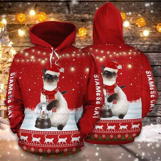 FUNSTUFFPRINT 3D Siamese Cat Christmas Red All Over 3D Hoodie and Zip Hoodie