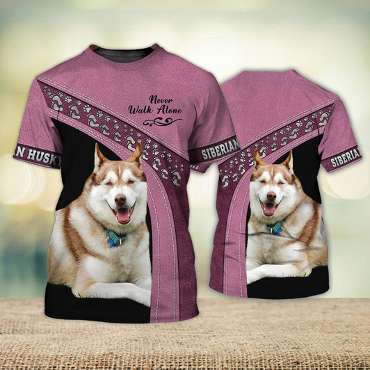 FUNSTUFFPRINT Siberian Husky Love Never Walk Alone Pink 3D Full Print Shirts, Shirt For Dog Lovers, Dog Memorial Gifts for loss of Dog 3D T-shirt