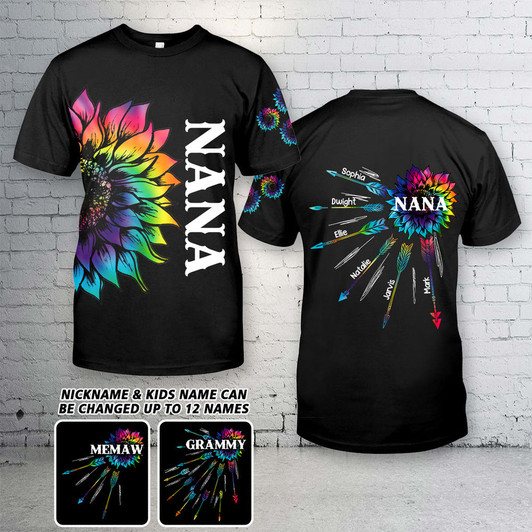 FUNSTUFFPRINT Personalized Grandma with Kid Name Tie Dye Sunflower T-Shirt, Mimi Nana Shirt, Mother's Day Gift 3D T-shirt
