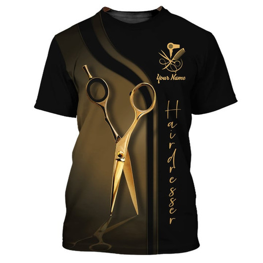 FUNSTUFFPRINT Golden Hairdresser Custom T Shirt Hair Salon Uniform Hairstylist Shirts 3D T-shirt