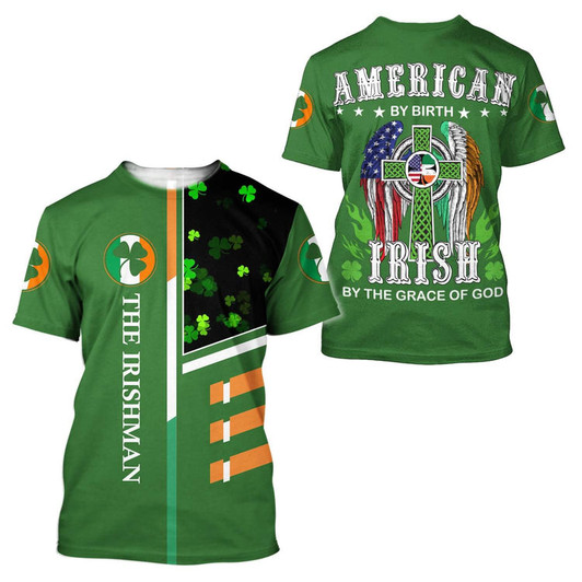 FUNSTUFFPRINT Vintage 90's American by Birth Irish By the Grace of God Ireland Irish Flag Clover Saint Patrick's Day Shirt 3D T-shirt