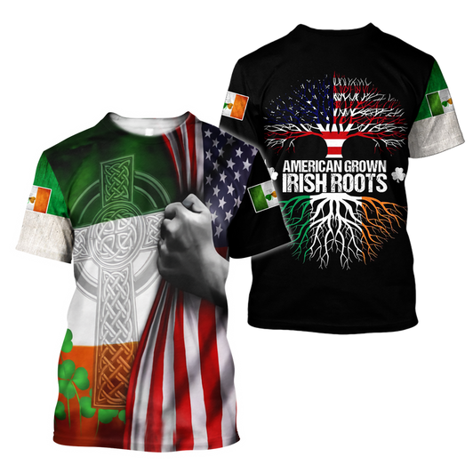 FUNSTUFFPRINT 3D Print American Grown Irish Roots Tree Flag Saint Patrick's Day Shirt, Irish Shirt, USA Flag Shirt 3D T-shirt
