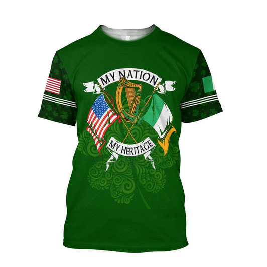 FUNSTUFFPRINT 3D All Over Print Irish and American Shirt, St. Patrick's Day American Iceland Flag Shirt, USA Flag Shirt, Shamrock Shirt 3D T-shirt