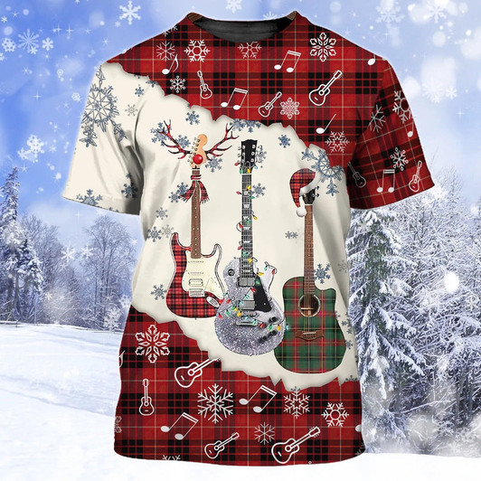 FUNSTUFFPRINT 3D All Over Print Guitar Snow Hoodie Men Women, Guitar Hawaiian Shirt Shirt Sleeve, Christmas Gift For Guitarist 3D T-shirt