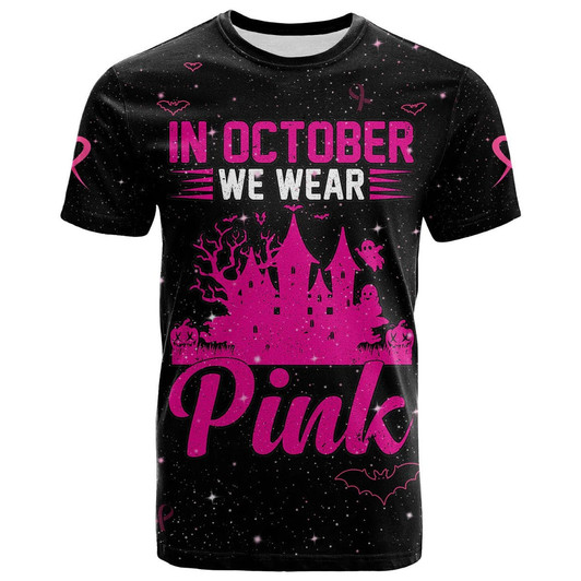 FUNSTUFFPRINT 3D All Over Print Breast Cancer T Shirt In October We Wear PINK Halloween Castle Black 3D T-shirt