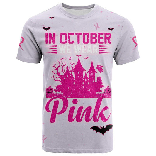 FUNSTUFFPRINT 3D All Over Print Breast Cancer T Shirt In October We Wear PINK Halloween Castle Pink 3D T-shirt