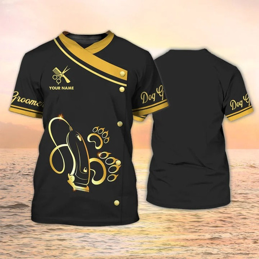 FUNSTUFFPRINT Dog Groomer Apparel Dog Grooming Custom T Shirt Grooming Uniform Black & Gold 3D T-shirt