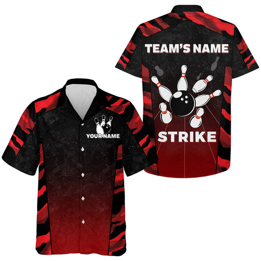 Custom Red Camo Hawaiian Bowling Shirt For Men, Custom Name Team Name Bowling Jersey Strike Bowling Shirt