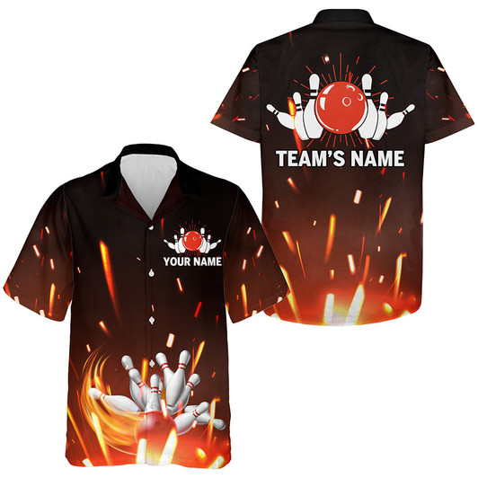 Custom Personalized Hawaiian Bowling Shirt Flame, Bowling Ball and Pins Short Sleeve Team Bowlers Jersey
