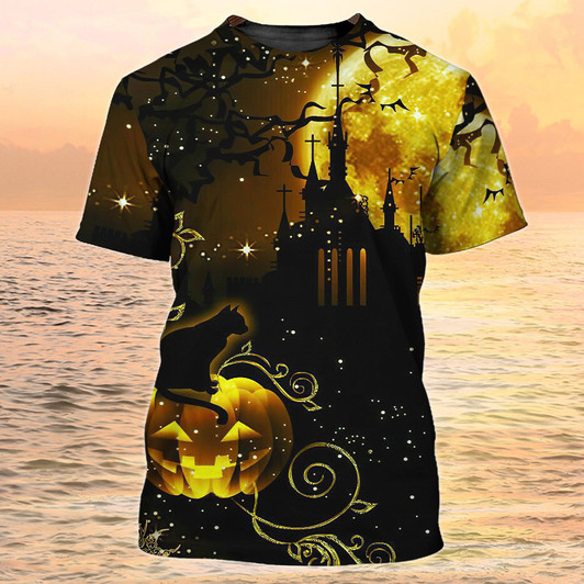 FUNSTUFFPRINT Halloween T Shirts For Adults 3D Cat On Pumpkin Halloween Night Shirt 3D T-shirt
