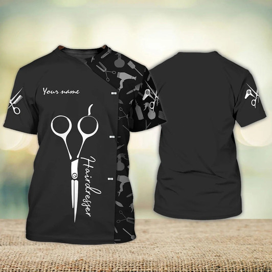 FUNSTUFFPRINT Personalized 3D Barber Tshirt Hairdresser Stylist Hairdresser Uniform Black 3D T-shirt