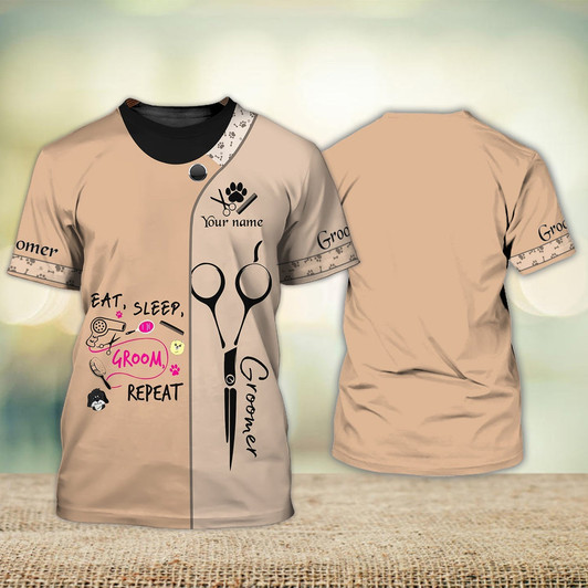 FUNSTUFFPRINT Custom Funny Groomer 3D Shirt Eat Sleep Groomer Repeat Groomer Dog Pet Groomer Uniform Salon Pet Gift 3D T-shirt