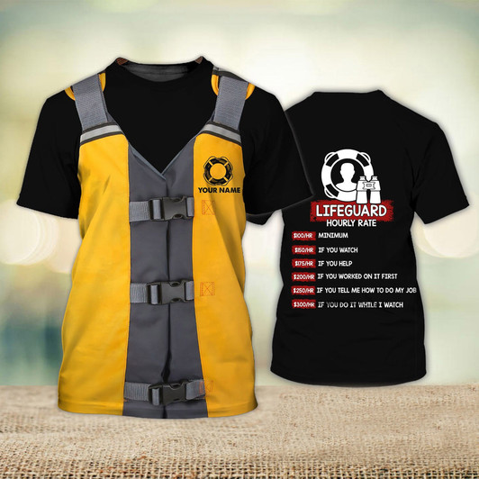 FUNSTUFFPRINT Customized Lifeguard Hourly Rate Shirt Lifeguard Pool Lifeguard Unifom Yellow Life Shirt 3D T-shirt