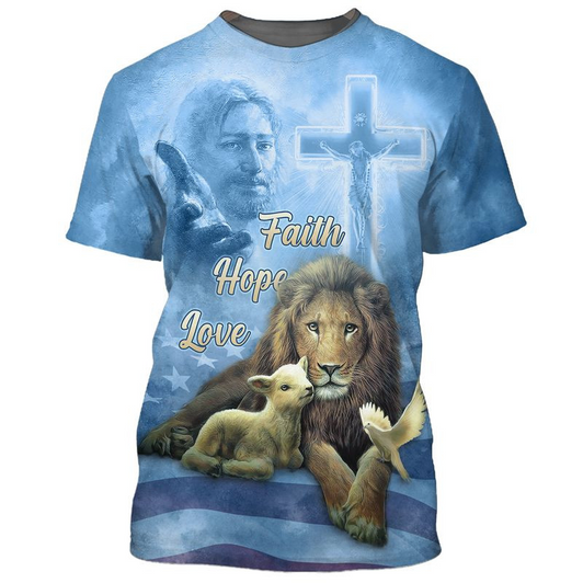 FUNSTUFFPRINT Faith Hope Love Blue T Shirt Men Women Lion Under God Tee Shirts 3D T-shirt