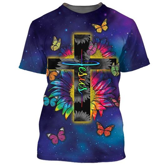 FUNSTUFFPRINT 3D Colorful Jesus Tshirt Butterfly Sunflower Pattern On Shirts 3D T-shirt