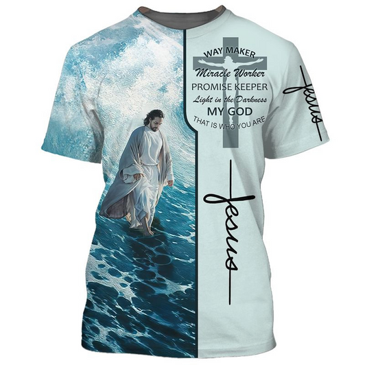 FUNSTUFFPRINT 3D Jesus Walking On The Beach T Shirt Way Maker Micracle Worker Promise Keeper Shirts 3D T-shirt