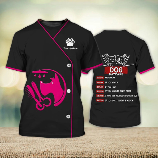 FUNSTUFFPRINT Custom Dog Groomer 3D Shirt Men Women Dog Day Care Groomer Pet Groomer Uniform Pink Salon 3D T-shirt