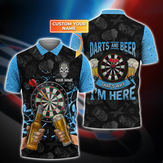 FUNSTUFFPRINT Darts And Beer (Blue) - Personalized Name 3D All Over Print Polo Shirt Size S-5XL