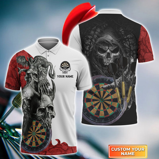 FUNSTUFFPRINT Personalized Name  Dartboard Skull  3D Polo Shirt For Darts Player