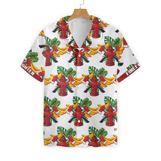 Custom Firefighter Tropical Banana Pattern Custom Hawaiian Shirt, Personalized Cross Axes Firefighter Hawaiian Shirt For Men
