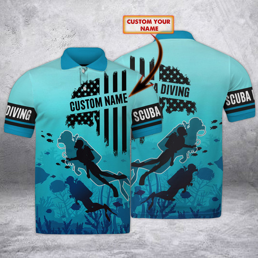 FUNSTUFFPRINT Scuba Diving - Personalized Name - 3D Polo Shirt