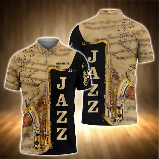 FUNSTUFFPRINT Saxophone Jazz Personalized Name  3D All Over Print Polo Shirt Size S-5XL