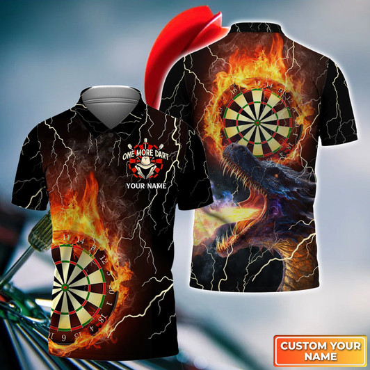 FUNSTUFFPRINT  Thunder Flame Bullseye Dartboard Personalized Name 3D Dragon And Darts Polo Shirt For Dart Team Player