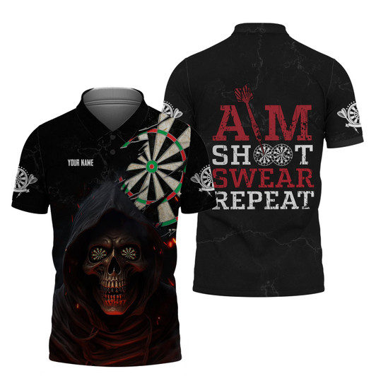 FUNSTUFFPRINT Personalized Name Aim Shoot Swear Repeat   Polo Shirt Size S-5XL
