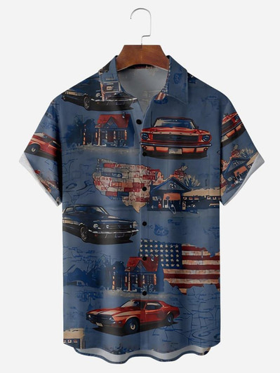 American Flag Car Chest Pocket Men's hawaiian Shirts