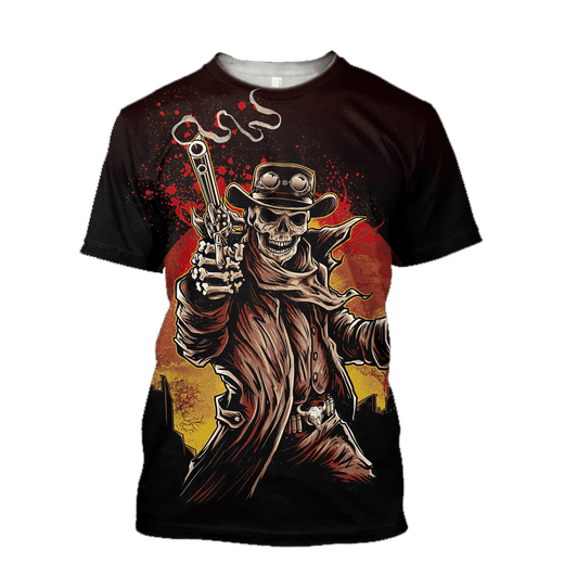 FUNSTUFFPRINT Cowboy Skeleton 3D T Shirt Halloween Cowboy Gifts 3D T-shirt