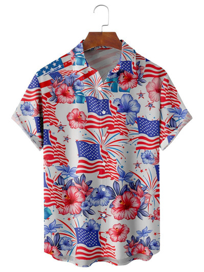 American Flag Flower Casual Men's hawaiian Shirt, 4th of july hawaiian shirt